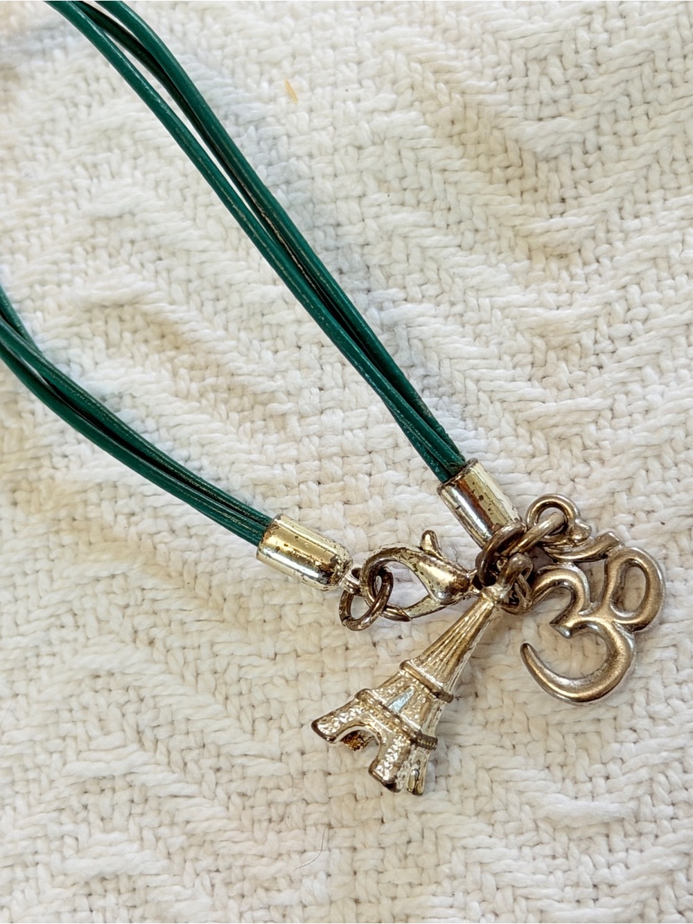 Bracelet Charms Eiffel Tower & Om dark green cord handmade